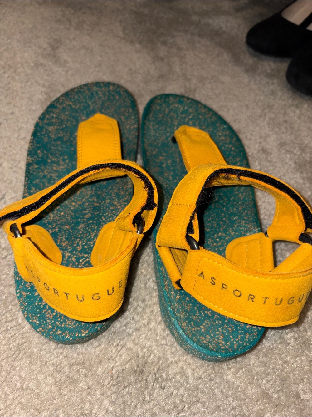 Asportugues Yellow Strappy Sandals with Teal Cork Footbed